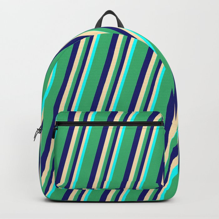 Sea Green, Midnight Blue, Beige & Cyan Colored Lines Pattern Backpack
