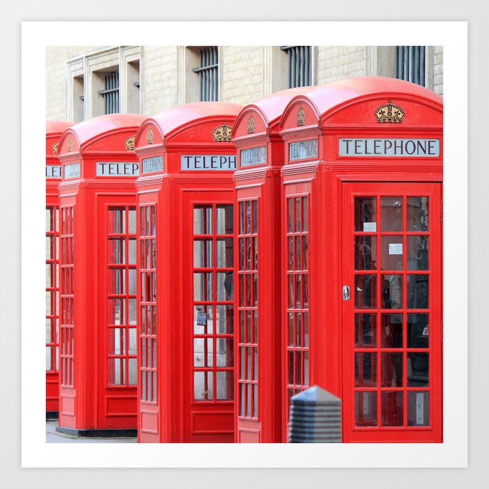 Great Britain Photography - Phone Booths Lined Up Beside Each Other Art Print