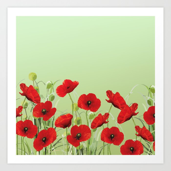 Red Poppies Flower field with leaves #poppies #field #Flower #red Art Print