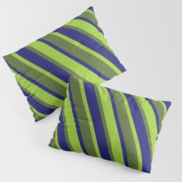 [ Thumbnail: Green, Dark Olive Green, and Midnight Blue Colored Pattern of Stripes Pillow Sham ]