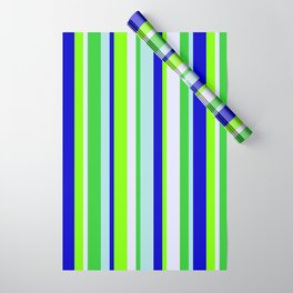 [ Thumbnail: Colorful Powder Blue, Blue, Chartreuse, Lavender & Lime Green Colored Lines Pattern Wrapping Paper ]