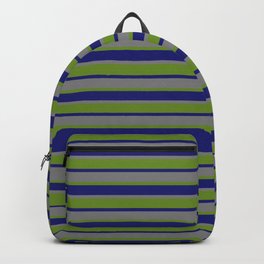 [ Thumbnail: Midnight Blue, Grey & Green Colored Lines/Stripes Pattern Backpack ]