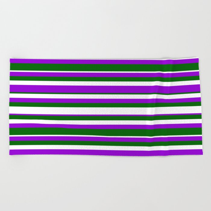 Dark Green, White & Dark Violet Colored Lined Pattern Beach Towel