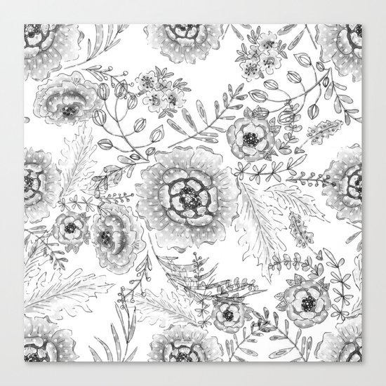Black and white watercolor floral pattern with polka dots . Canvas Print
