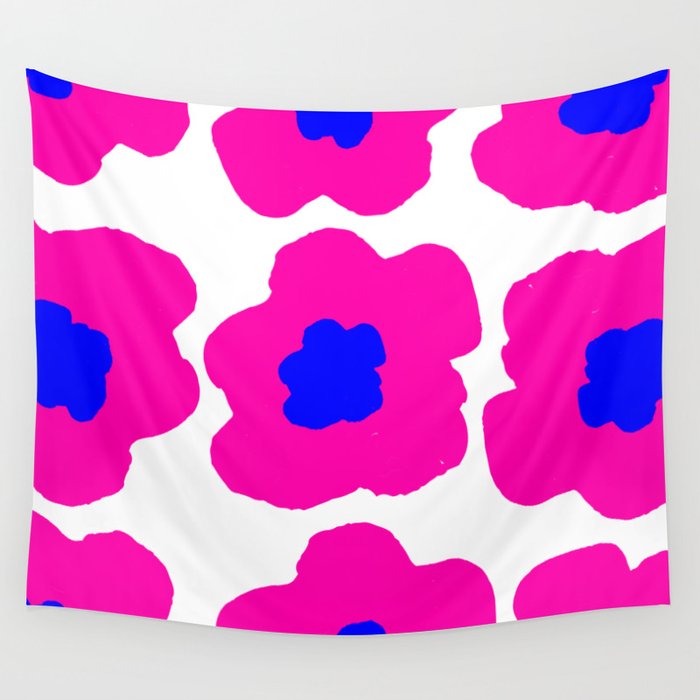 Large Pop-Art Retro Flowers in Bright Blue Pink on White Background #society6 #decor #pretty #buyart Wall Tapestry