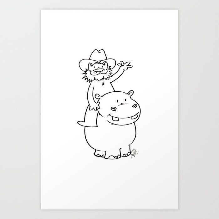 Cowboy Cat Riding A Hippo Line Drawing Art Print By Robzzylowski