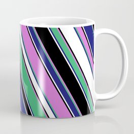 [ Thumbnail: Vibrant Orchid, Sea Green, Midnight Blue, White & Black Colored Lines Pattern Coffee Mug ]