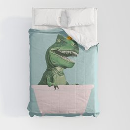 Playful T-Rex in Bathtub in Green Comforter