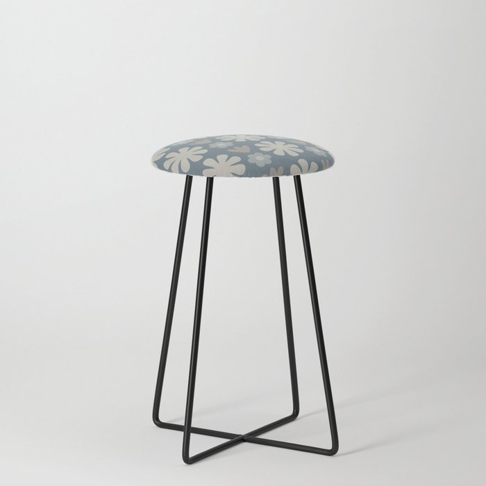 Scandi Floral Grid Retro Flower Pattern Neutral Blue Grey and Taupe Counter Stool