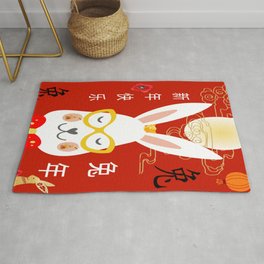 Red Floral Chinese New Year Year Of The Rabbit Lunar Moon Area & Throw Rug