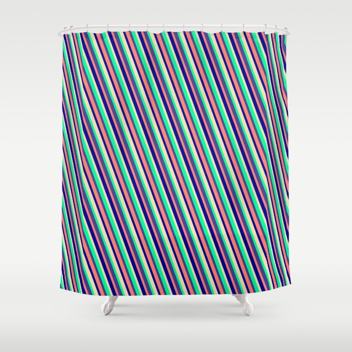 Colorful Tan, Green, Dark Slate Blue, Salmon & Dark Blue Colored Lined/Striped Pattern Shower Curtain