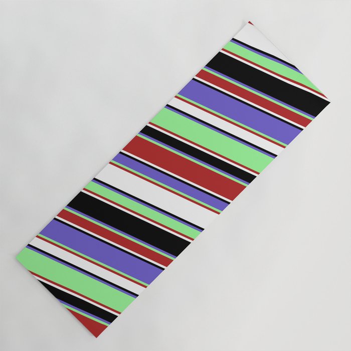Vibrant Green, Red, White, Black & Slate Blue Colored Lined Pattern Yoga Mat