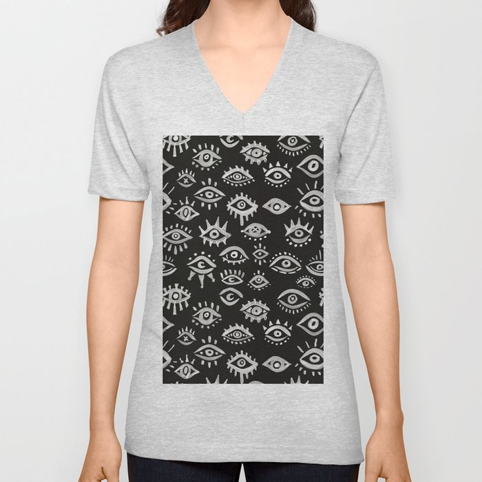 Mystic Eyes – White on Black V Neck T Shirt