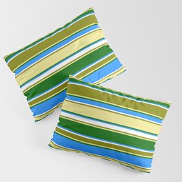 [ Thumbnail: Eyecatching Green, Tan, Dark Green, Blue, and White Colored Lines Pattern Pillow Sham ]