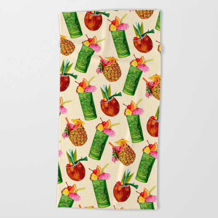 Tiki Cocktail Pattern - Cream Beach Towel