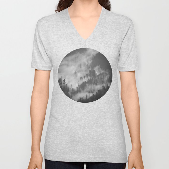 Mid Century Modern Round Circle Photo Graphic Design Foggy Black & White Pine Forest V Neck T Shirt