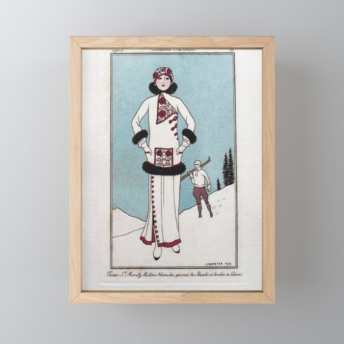 George Barbier - Vintage Fashion illustration - Winter Skiing Framed Mini Art Print