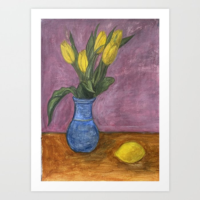 Still life with yellow tulips and a lemon Art Print