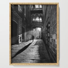 Rays of sun; European cobblestone cityscape black and white photograph / photography Serving Tray