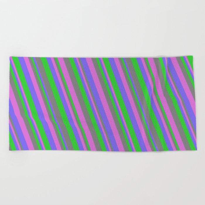 Medium Slate Blue, Lime Green, Gray, and Orchid Colored Lined Pattern Beach Towel