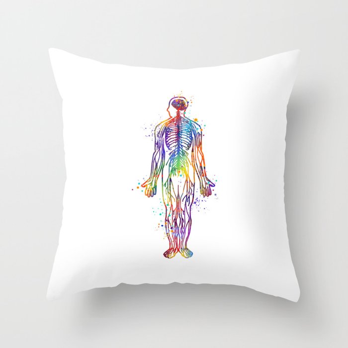 Human Body With All Nerves Art Gift Anatomy Gift Colorful Watercolor Gift Neural Art Medical Art Throw Pillow