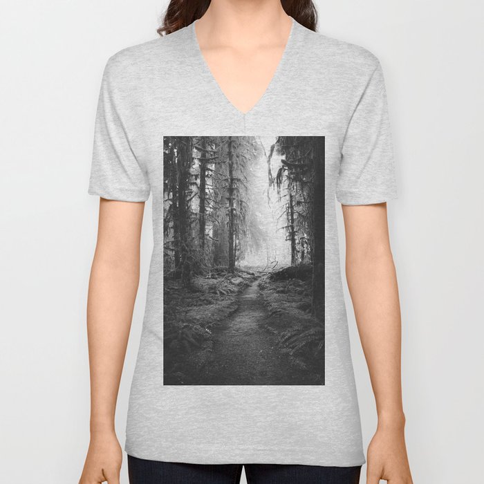 Magical Washington Rainforest Black and White V Neck T Shirt