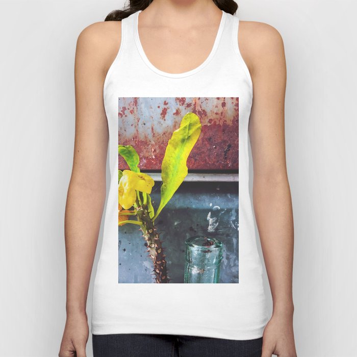 yellow euphorbia milii plant with old lusty metal background Tank Top