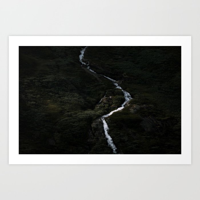 Dark forest with waterfall on the side of a mountain in Norway - Landscape Photography Art Print