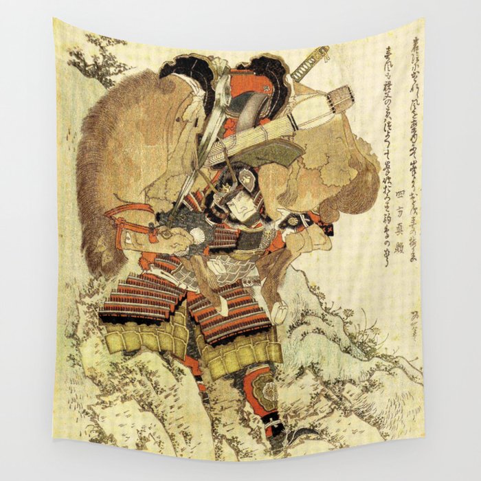 Hokusai – Hatakeyama Shigetada carrying his horse,  葛飾 北斎, Samurai,Genpei,Jidaigeki. Wall Tapestry