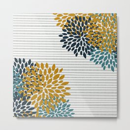 Floral Blooms and Stripes, Navy Blue, Teal, Yellow, Gray Metal Print