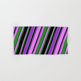 [ Thumbnail: Dark Orchid, Violet, Forest Green, and Black Colored Lines Pattern Hand & Bath Towel ]