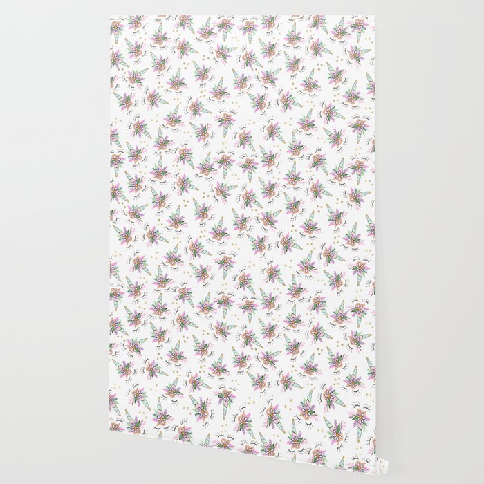 Modern Cute Whimsical Floral Unicorn Pattern Illustration Gold