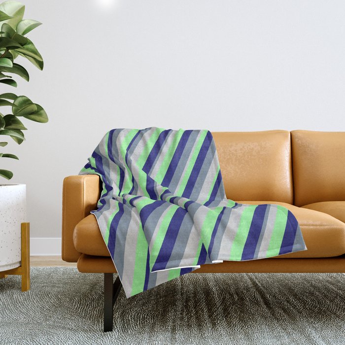 Light Grey, Green, Midnight Blue, and Light Slate Gray Colored Stripes/Lines Pattern Throw Blanket