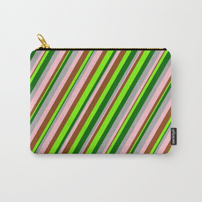 Vibrant Dark Grey, Pink, Brown, Green & Dark Green Colored Lined Pattern Carry-All Pouch