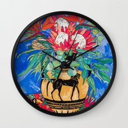 Tropical Protea Bouquet with Toucans in Greek Horse Urn on Ultramarine Blue Wall Clock
