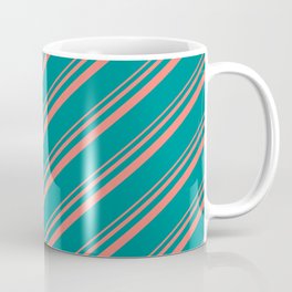 [ Thumbnail: Salmon and Dark Cyan Colored Lined/Striped Pattern Coffee Mug ]