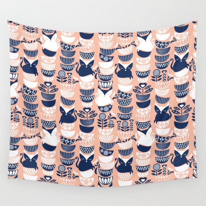 Swedish folk cats V // flesh background Wall Tapestry