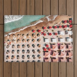 Ocean Print, Beach Print, Wall Decor, Red Umbrellas, Aerial Beach Print, Beach Photography, Blue Sea Art Print Outdoor Rug