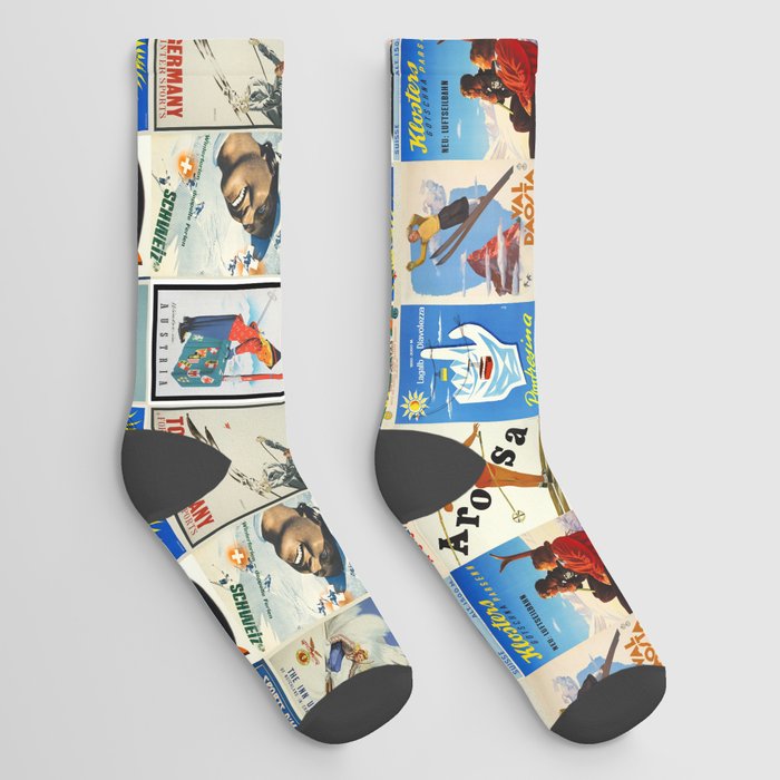 Vintage Skiing Posters Socks