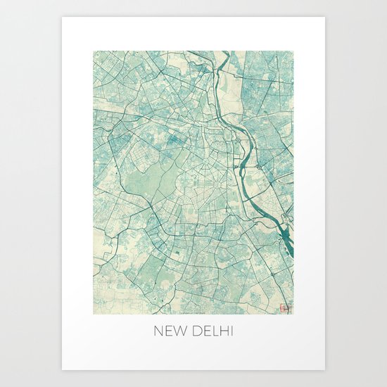 Delhi Map Blue Vintage Art Print