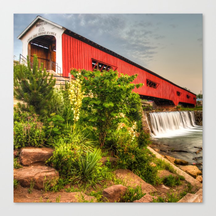 Bridgeton Indiana Covered Bridge and Waterfall Canvas Print by Gregory