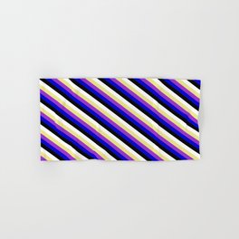 [ Thumbnail: Eye-catching Tan, Dark Orchid, Blue, Black, and White Colored Pattern of Stripes Hand & Bath Towel ]