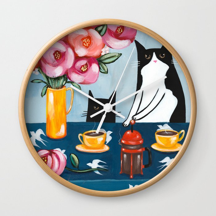 Cats and French Press Coffee Wall Clock