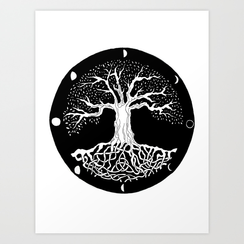 Black And White Tree Of Life With Moon Phases And Celtic Trinity Knot Art Print By Vikkart Society6