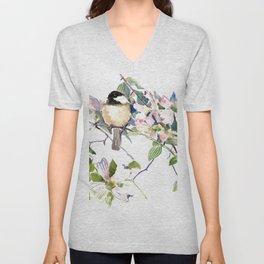 Chickadee and Dogwood Flowers V Neck T Shirt
