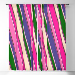[ Thumbnail: Eye-catching Deep Pink, Dark Slate Blue, Bisque, Hot Pink, and Dark Green Colored Stripes Pattern Blackout Curtain ]