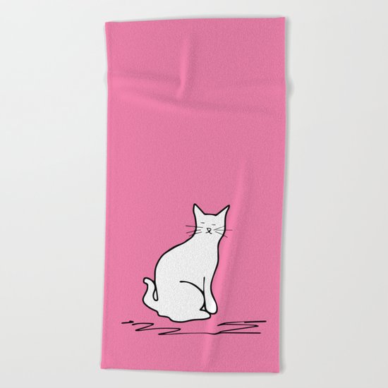 white cat on pink Beach Towel