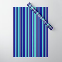 [ Thumbnail: Dark Blue, Dark Slate Blue & Turquoise Colored Pattern of Stripes Wrapping Paper ]