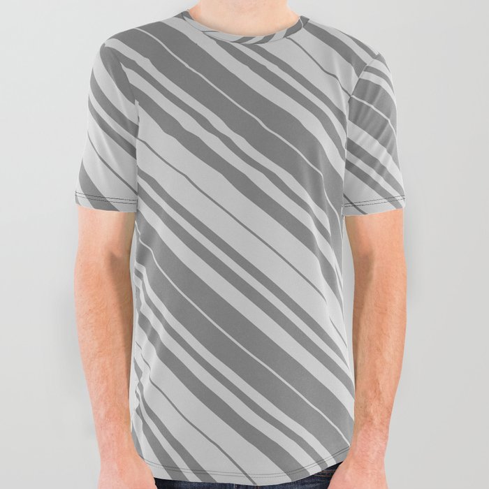 Gray & Light Grey Colored Lined Pattern All Over Graphic Tee