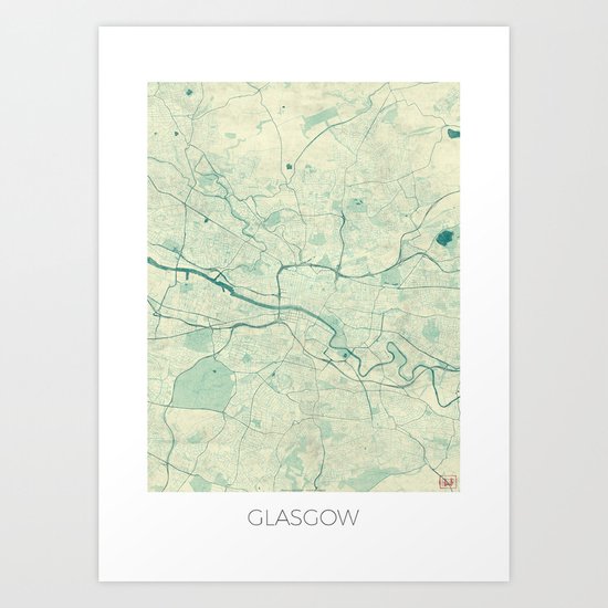 Glasgow Map Blue Vintage Art Print